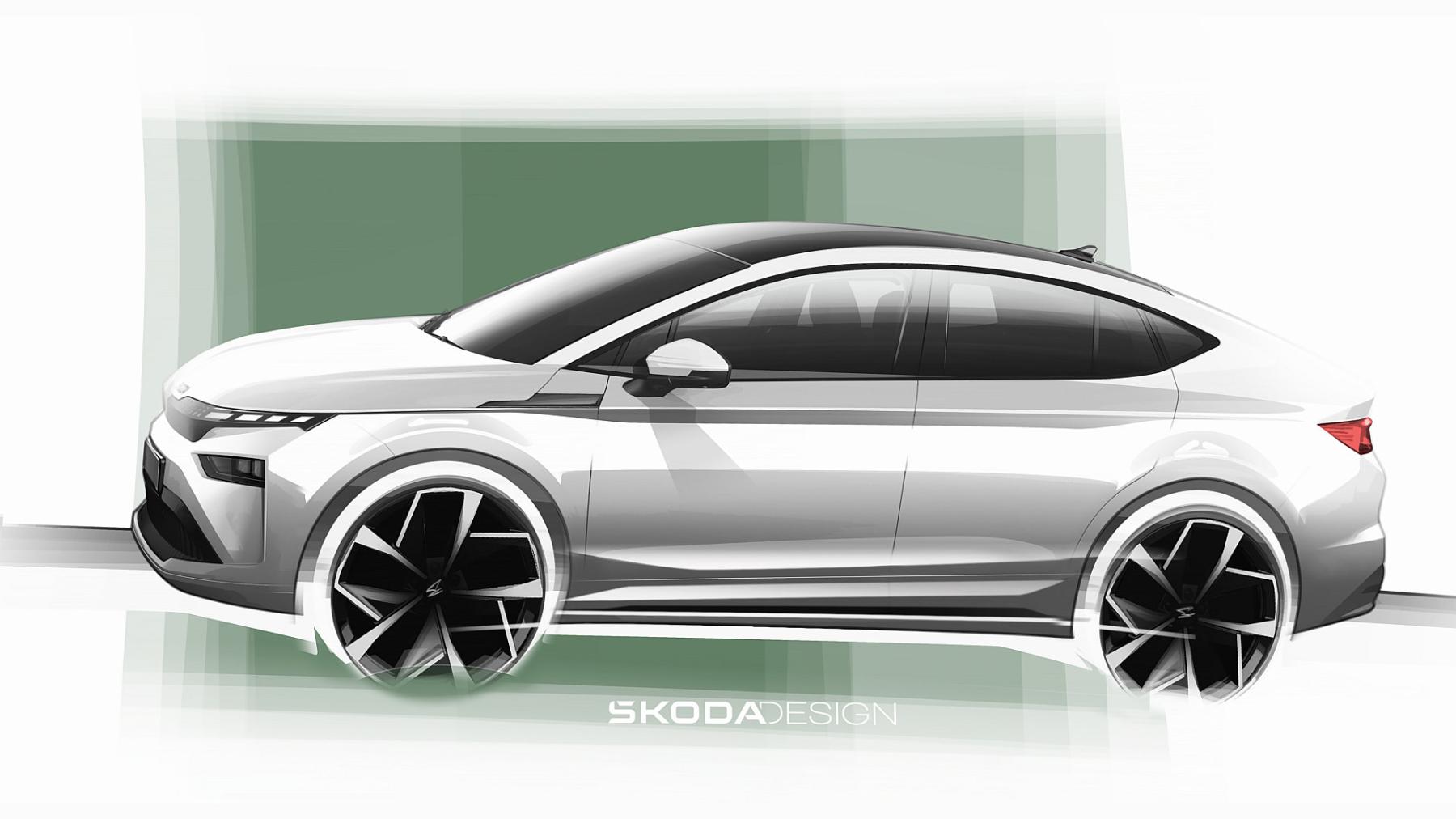 schetsen van vernieuwde Skoda Enyaq Coupé